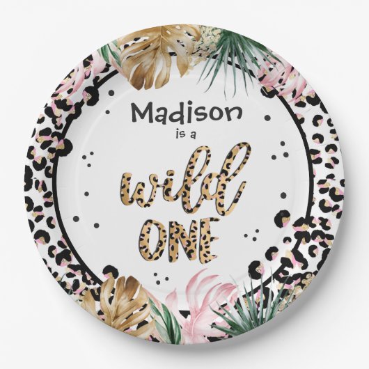 ワイルドワン誕生日ヒョウ印刷ワイルドジャングルパーティー ペーパープレート (正面)