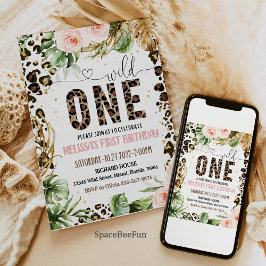 ワイルドワン誕生日ヒョウ印刷ワイルドジャングルパーティー 招待状