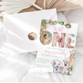 ワイルドワン誕生日ピンクガールサファリアニマルフォト 招待状