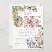 ワイルドワン誕生日ピンクガールサファリアニマルフォト 招待状 (正面)