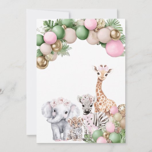 ワイルドワン誕生日ピンクガールサファリアニマルフォト 招待状 (裏面)