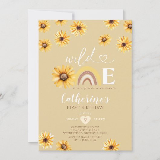 ワイルドワン誕生日ボホレインボーヒマワリ 招待状 (正面)
