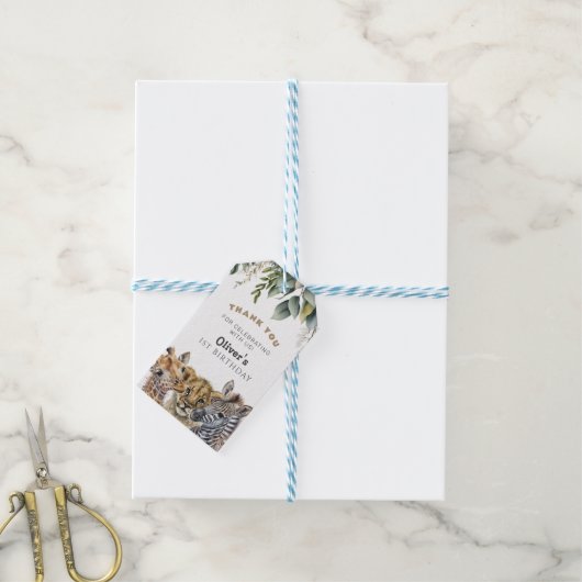 ワイルドワン誕生日ボーイサファリアニマルサンキューギ ギフトタグ (より糸付き)