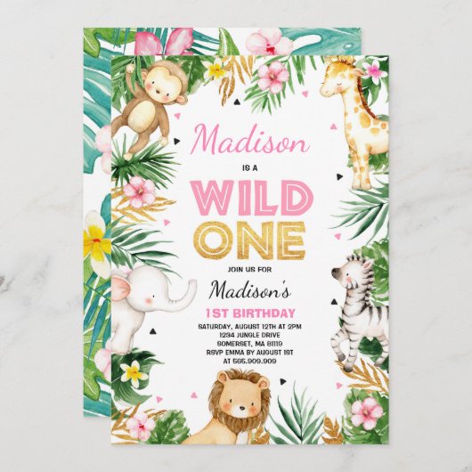 ワイルドワン誕生日招待状サファリアニマルズパーティー 招待状 (正面/裏面)