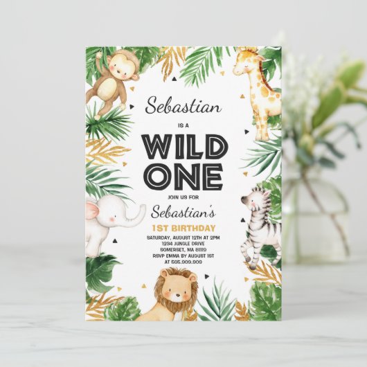 ワイルドワン誕生日招待状サファリアニマルズパーティー 招待状 (スタンド正面)