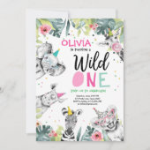 ワイルドワン誕生日招待状サファリガールアニマルズ 招待状 (正面)