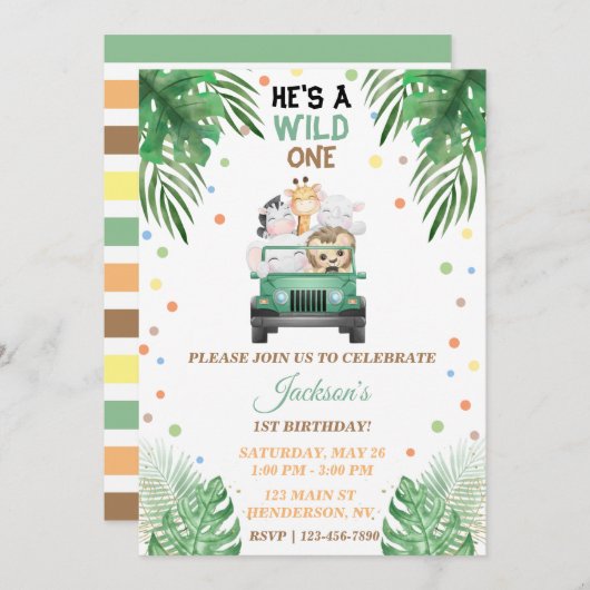 ワイルドワン誕生日招待状サファリ動物 招待状 (正面/裏面)