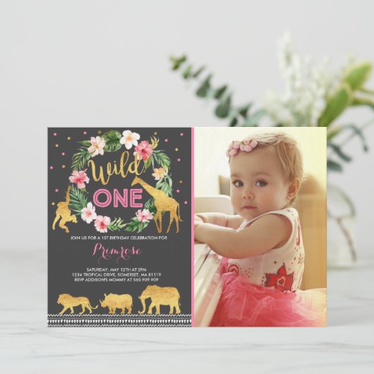ワイルドワン誕生日招待状ジャングルアニマルズパーティー 招待状 (スタンド正面)