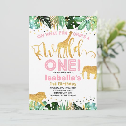 ワイルドワン誕生日招待状ジャングルアニマルズパーティー 招待状 (スタンド正面)