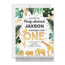 ワイルドワン誕生日招待状ジャングルアニマルズパーティー