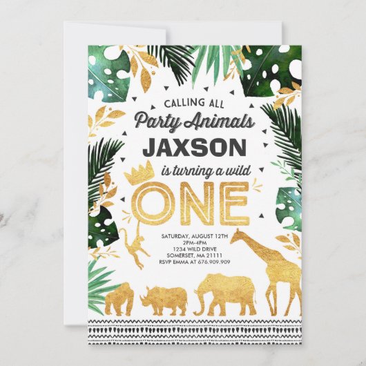 ワイルドワン誕生日招待状ジャングルアニマルズパーティー 招待状 (正面)