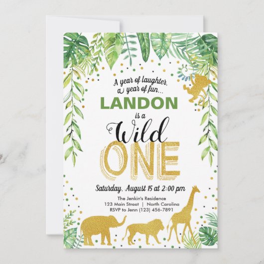 ワイルドワン誕生日招待状ジャングルサファリアニマル 招待状 (正面)