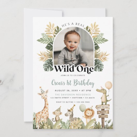ワイルドワン誕生日招待状ボーイサファリアニマルズ1 招待状 (正面)