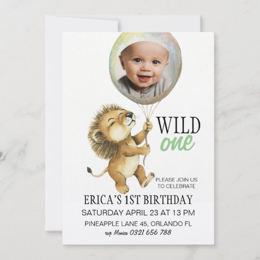 ワイルドワン誕生日招待状、ライオン1歳の誕生日 招待状 (正面)