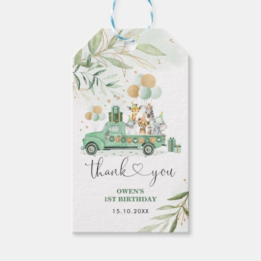 ワイルドワン誕生日緑の金ゴールドパーティーパレード ギフトタグ (正面)