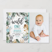 ワイルドワン誕生日金ゴールドサファリジャングル動物パーティー 招待状 (正面)