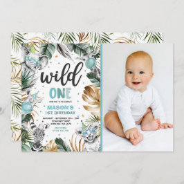 ワイルドワン誕生日金ゴールドサファリジャングル動物パーティー 招待状
