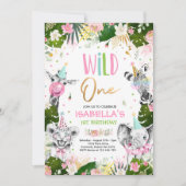 ワイルドワン誕生日金ゴールドサファリジャングル動物パーティー 招待状 (正面)