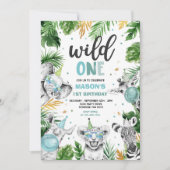 ワイルドワン誕生日金ゴールドサファリジャングル動物パーティー 招待状 (正面)