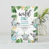 ワイルドワン誕生日金ゴールドサファリジャングル動物パーティー 招待状 (スタンド正面)