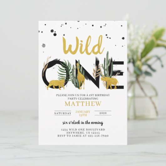 ワイルドワン金ゴールドサファリ誕生日招待状 招待状 (スタンド正面)