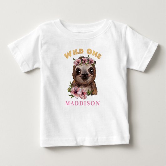 ワイルドワン1歳の誕生日かわいいナマケモノの花 ベビーTシャツ (正面)
