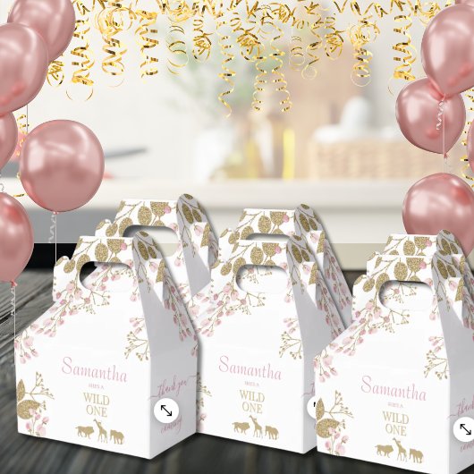 ワイルドワン1歳の誕生日の動物サンキューピンク金ゴールド フェイバーボックス