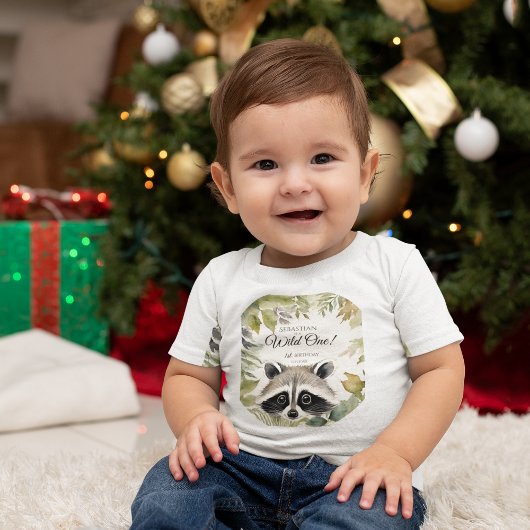 ワイルドワン1歳の誕生日ウッドランドラクーン ベビーTシャツ