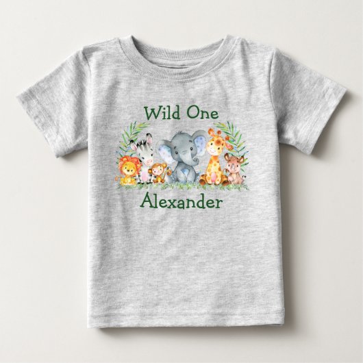 ワイルドワン1歳の誕生日サファリアニマルグレイ ベビーTシャツ (正面)