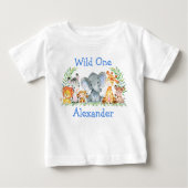 ワイルドワン1歳の誕生日サファリアニマルズホワイトブルー ベビーTシャツ (正面)