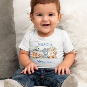 ワイルドワン1歳の誕生日サファリアニマルズホワイトブルー ベビーTシャツ