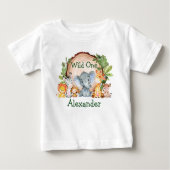 ワイルドワン1歳の誕生日サファリ動物の木の緑 ベビーTシャツ (正面)