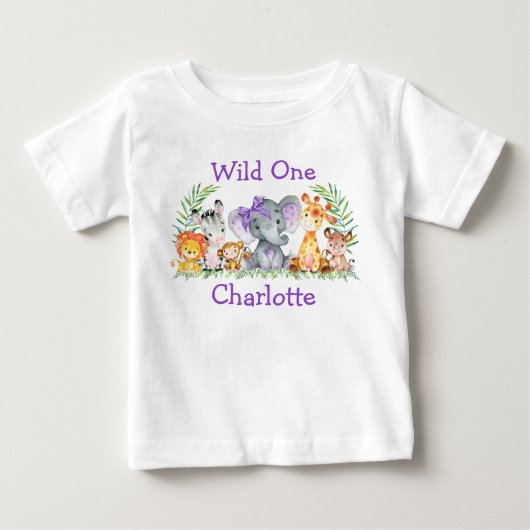 ワイルドワン1歳の誕生日サファリ動物パープルボウ ベビーTシャツ (正面)