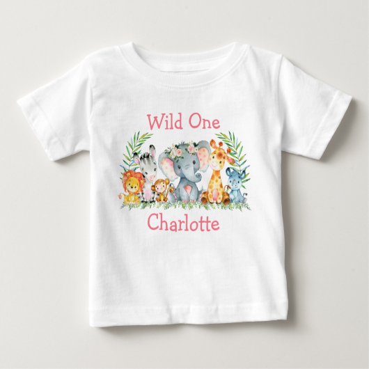 ワイルドワン1歳の誕生日サファリ動物ピンクの花 ベビーTシャツ (正面)