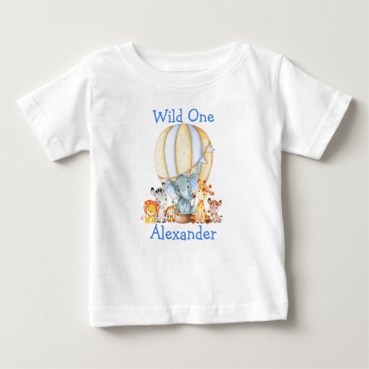 ワイルドワン1歳の誕生日サファリ動物ブルーバルーン ベビーTシャツ (正面)