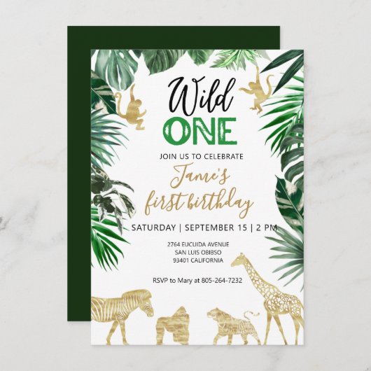 ワイルドワン1歳の誕生日サファリ 招待状 (正面/裏面)