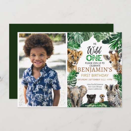 ワイルドワン1歳の誕生日サファリ 招待状 (正面/裏面)