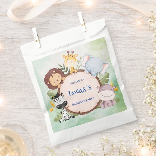 ワイルドワン1歳の誕生日ジャングルサファリバースデーパーティー フェイバーバッグ (クリップ留めされた状態)