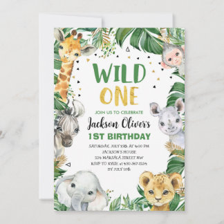 ワイルドワン1歳の誕生日ジャングルサファリ野生動物 招待状