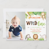 ワイルドワン1歳の誕生日ジャングル動物の男の子の写真 招待状 (正面)