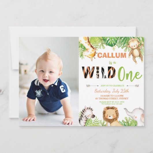 ワイルドワン1歳の誕生日ジャングル動物の男の子の写真 招待状 (正面)