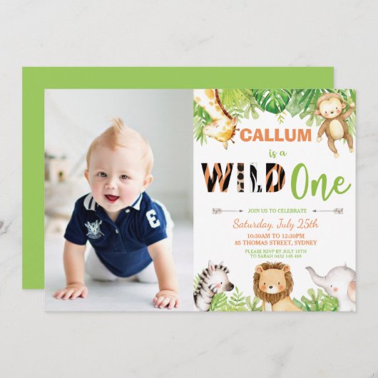 ワイルドワン1歳の誕生日ジャングル動物の男の子の写真 招待状 (正面/裏面)