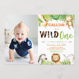 ワイルドワン1歳の誕生日ジャングル動物の男の子の写真 招待状