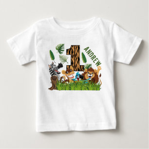 ワイルドワン1歳の誕生日ジャングル ベビーTシャツ