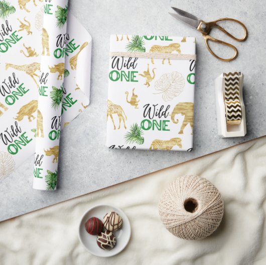 ワイルドワン1歳の誕生日トロピカルジャングルサファリ ラッピングペーパー (クラフト)