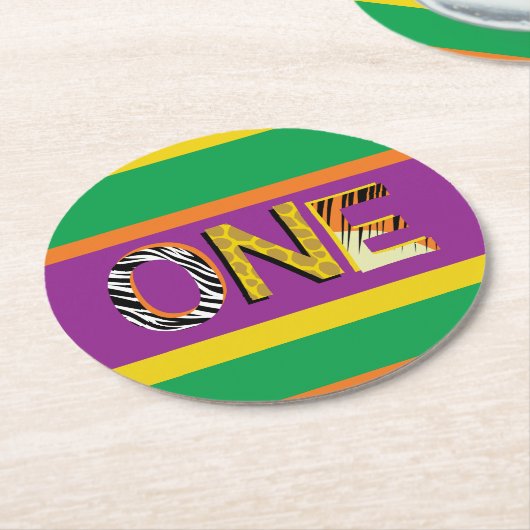 ワイルドワン1歳の誕生日パーティーサファリ ラウンドペーパーコースター (アングル)