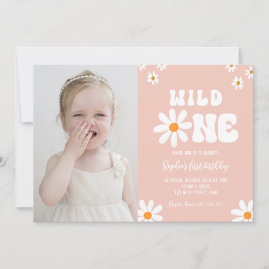 ワイルドワン1歳の誕生日パーティーデイジーボホフォト 招待状 (正面)