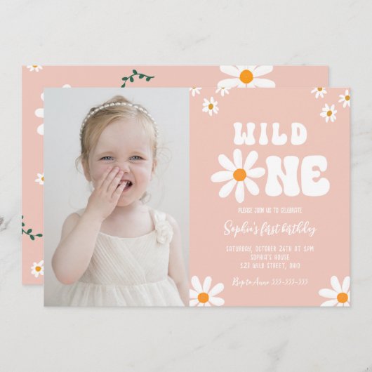 ワイルドワン1歳の誕生日パーティーデイジーボホフォト 招待状 (正面/裏面)