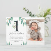 ワイルドワン1歳の誕生日パーティーフォトブルーバック 招待状 (スタンド正面)