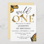 ワイルドワン1歳の誕生日招待状のための金ゴールドサファリ 招待状 (正面/裏面)